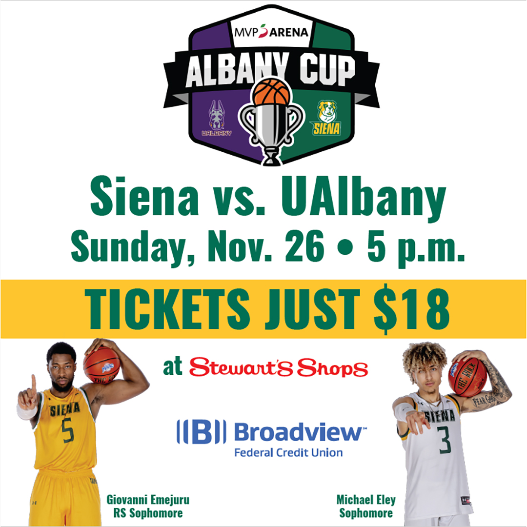 🚨 DON'T FORGET 🚨 While your out and about doing your #BlackFriday and #ThanksgivingWeekend shopping, visit our friends at @StewartsShops where you can secure tickets to the #AlbanyCup Sunday at @TheMVPArena for just 💲1⃣8⃣! 📰 shorturl.at/LR348 #MarchOn x #SienaSaints