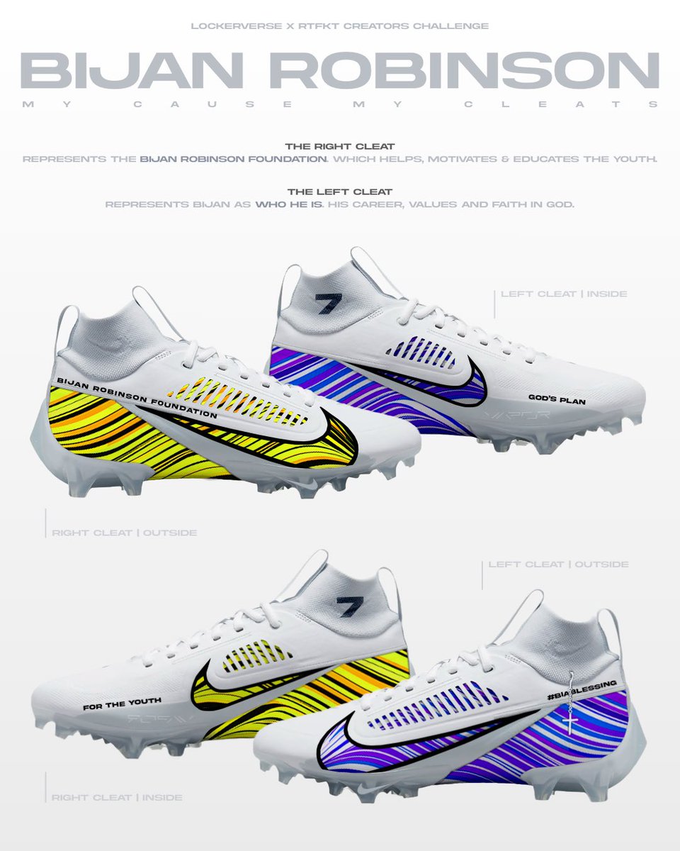 FRANC0RIVAS's tweet photo. My Cause My Cleats Challenge
@Lockerverse x @RTFKTcreators 

Design for @Bijan5Robinson ✝️🏈

#CauseCleats23 https://t.co/MO9R07mqEN
