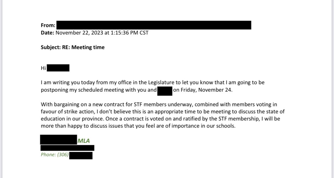 STFPresident's tweet photo. It seems one Saskatchewan MLA is no longer interested in hearing how funding cuts are hurting teachers and students. If all MLAs do this, 13,500 Saskatchewan teachers have lost their democratic right to speak with their elected representative. That's not right.
#skpoli https://t.co/xVj3E4PEaP