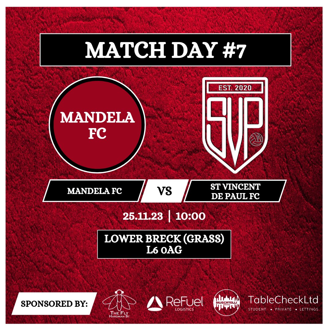 St Vincent de Paul FC (@svp_mcl) on Twitter photo Finally, some dry weather to get a match this weekend - against Mandela FC
🏟️Lower Breck
🕥 KO - 10:00
👕🔴⚫
Thanks to our sponsors:
<a href="/FlyintheLoaf/">Fly in the Loaf</a>
Refuel Logistics
Table Check
Muscatelli Media Finally, some dry weather to get a match this weekend - against Mandela FC
🏟️Lower Breck
🕥 KO - 10:00
👕🔴⚫
Thanks to our sponsors:
<a href="/FlyintheLoaf/">Fly in the Loaf</a>
Refuel Logistics
Table Check
Muscatelli Media