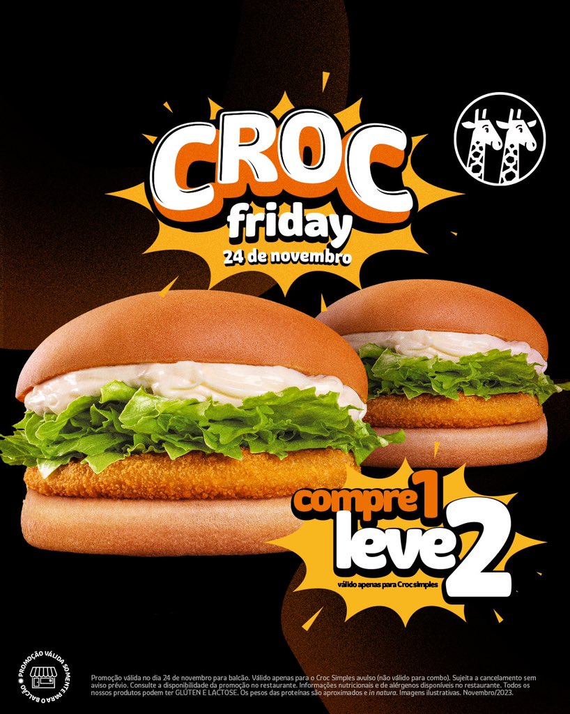 GiraffasOficial's tweet photo. 🚨 CROC FRIDAY TÁ ON! 🚨 Se você ama o Croc, hoje é seu dia de sorte. Aproveite nossa promoção, na compra de 1 Croc Simples, você leva outro igual. Mas ó, é só hoje e vale apenas se você pedir no balcão. Não perde tempo e vem pro Giraffas!  

 #Giraffas #CrocFriday #RedeGiraffas https://t.co/dcg0tzSQIK