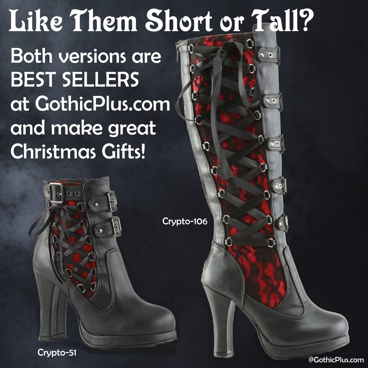 gothicplus's tweet image. Ankle boots or Knee boots - which are your favorite?

Crypto-51 and 106 are available at gothicplus.com/index.php?rout… 

And everything is 25% off right now for #blackfriday #gothicplus #GothicLolita #demonia
