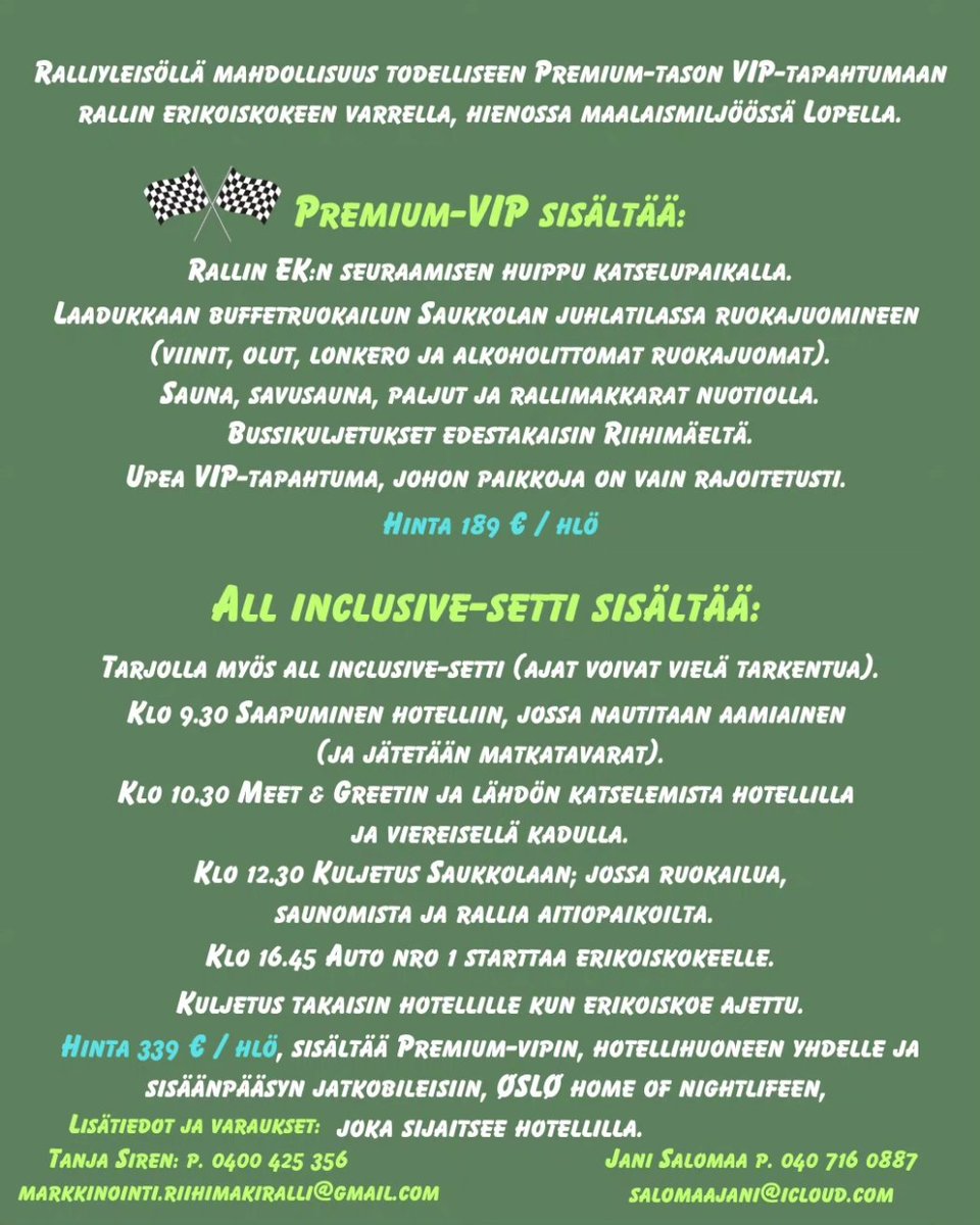 Talven kuumimmat rallit tarjoaa
👇
SM Auto Sorsa Riihimäki-rallin 
Premium-VIP
👇
Saukkolan ek:lla 13.1.2024

<a href="/RalliSM/">Ralli SM</a> 
#saukkolanek
#buffet 
#palju 
#sauna 
#ralli 
#VIP