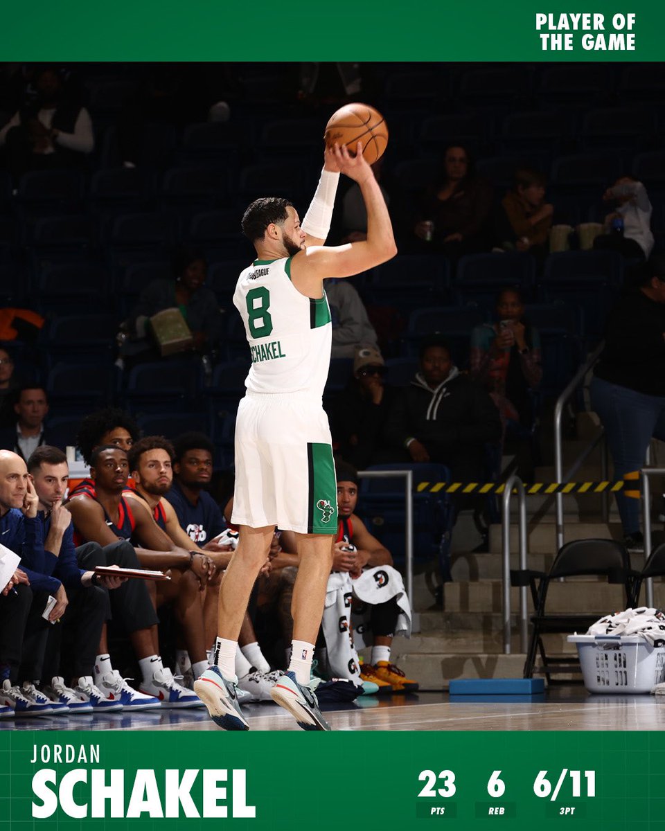 MaineCeltics's tweet photo. A clutch performance by @jordanschakel including a go ahead 3 with 10 seconds remaining. Heโs your Player of the Game. #bleedgreen https://t.co/rKPkZ6eyiD