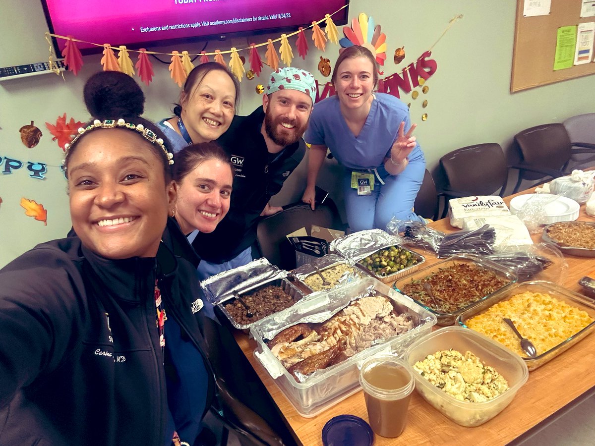 On call Thanksgiving feast compliments of Dr Juliet Lee (general surgery) and Dr Gage Parr (@GW_Anesthesia )!! 🍁😋🍂🥘 Our bellies and hearts were full!