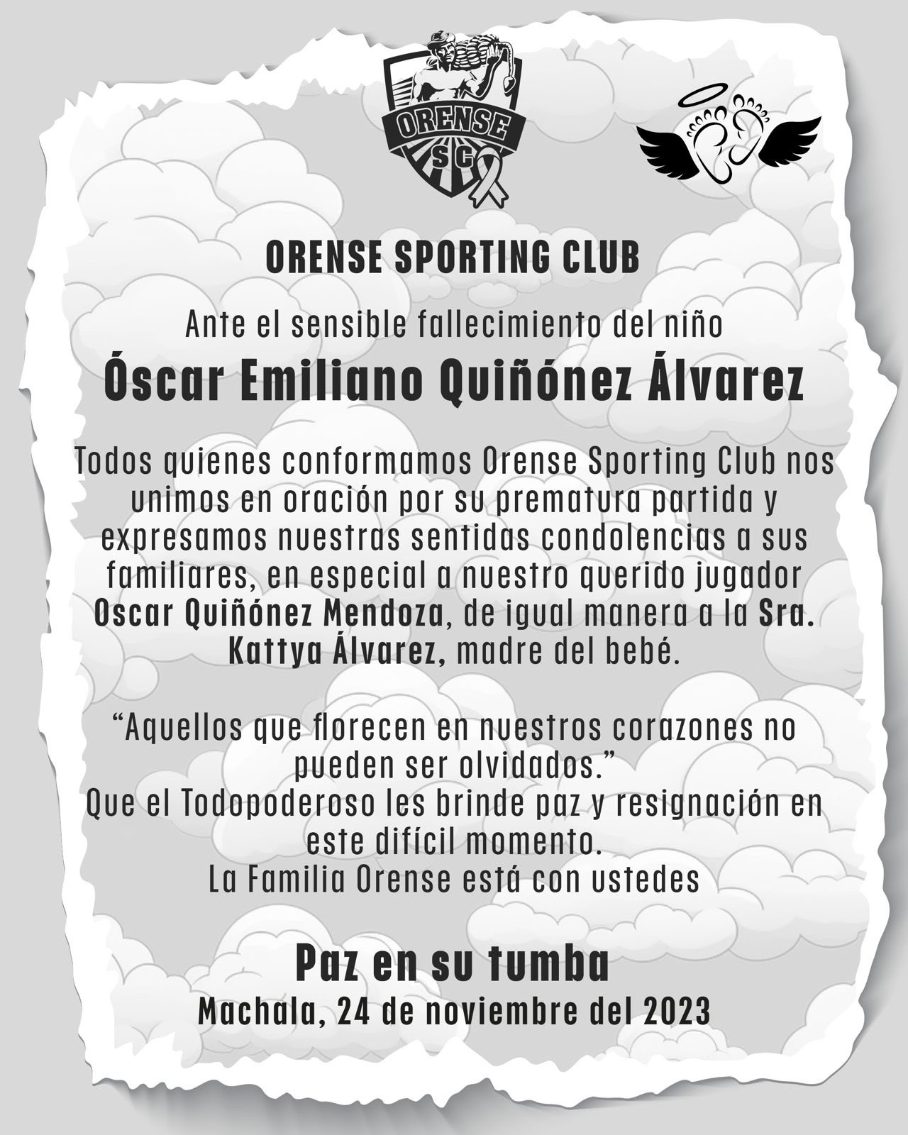 Orense Sporting Club on X: La Familia Orense está con ustedes, Oscar y  Kattya. El Todopoderoso les conceda paz y resignación. 🙏🕊️   / X