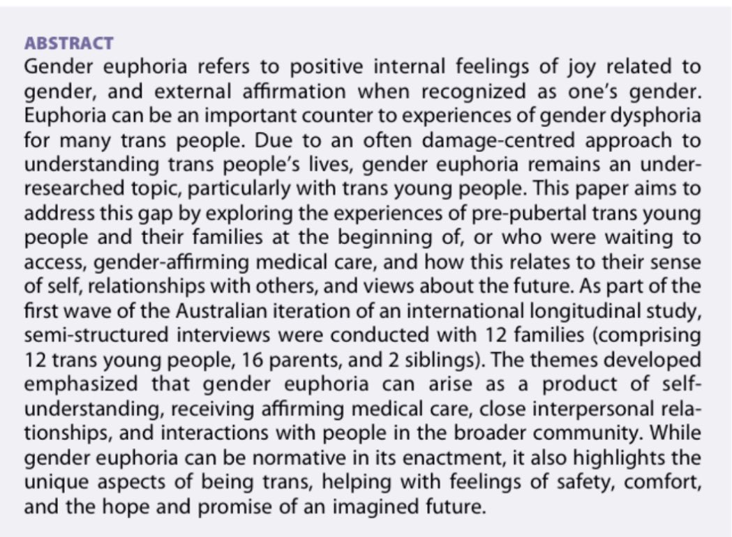 NEW PAPER led by Salem Skelton: ‘Accounts of gender euphoria among Australian trans young people and their parents’. Open access PDF: tandfonline.com/doi/full/10.10…