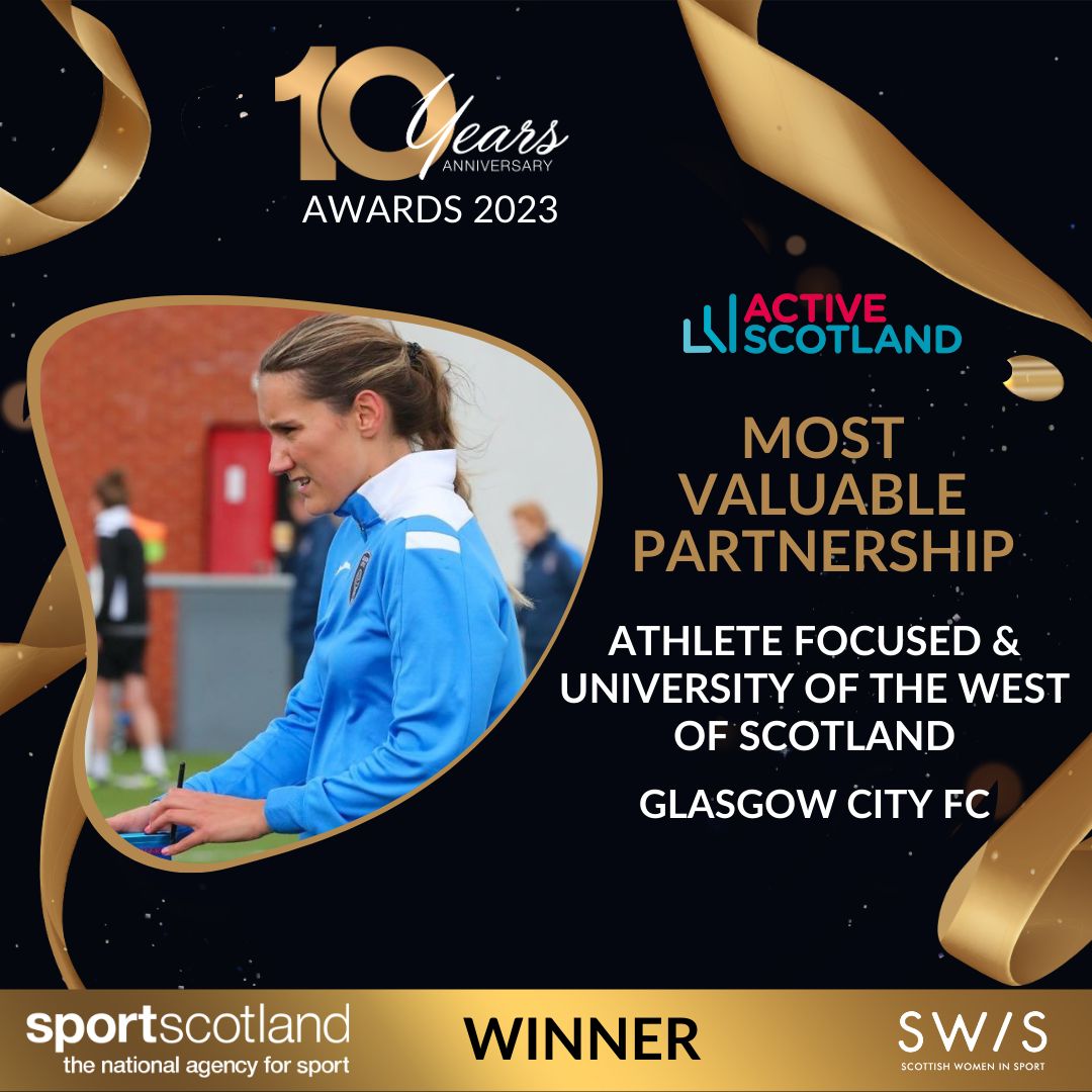 ⭐ MOST VALUABLE PARTNERSHIP: ATHLETE FOCUSED & UWS ⭐ A 3-way collab with @GlasgowCityFC, @athlete_focused has committed to developing female footballers & sport scientists by creating placement opportunities for @UniWestScotland students. #SWISAwards2023 @ActiveScotGov