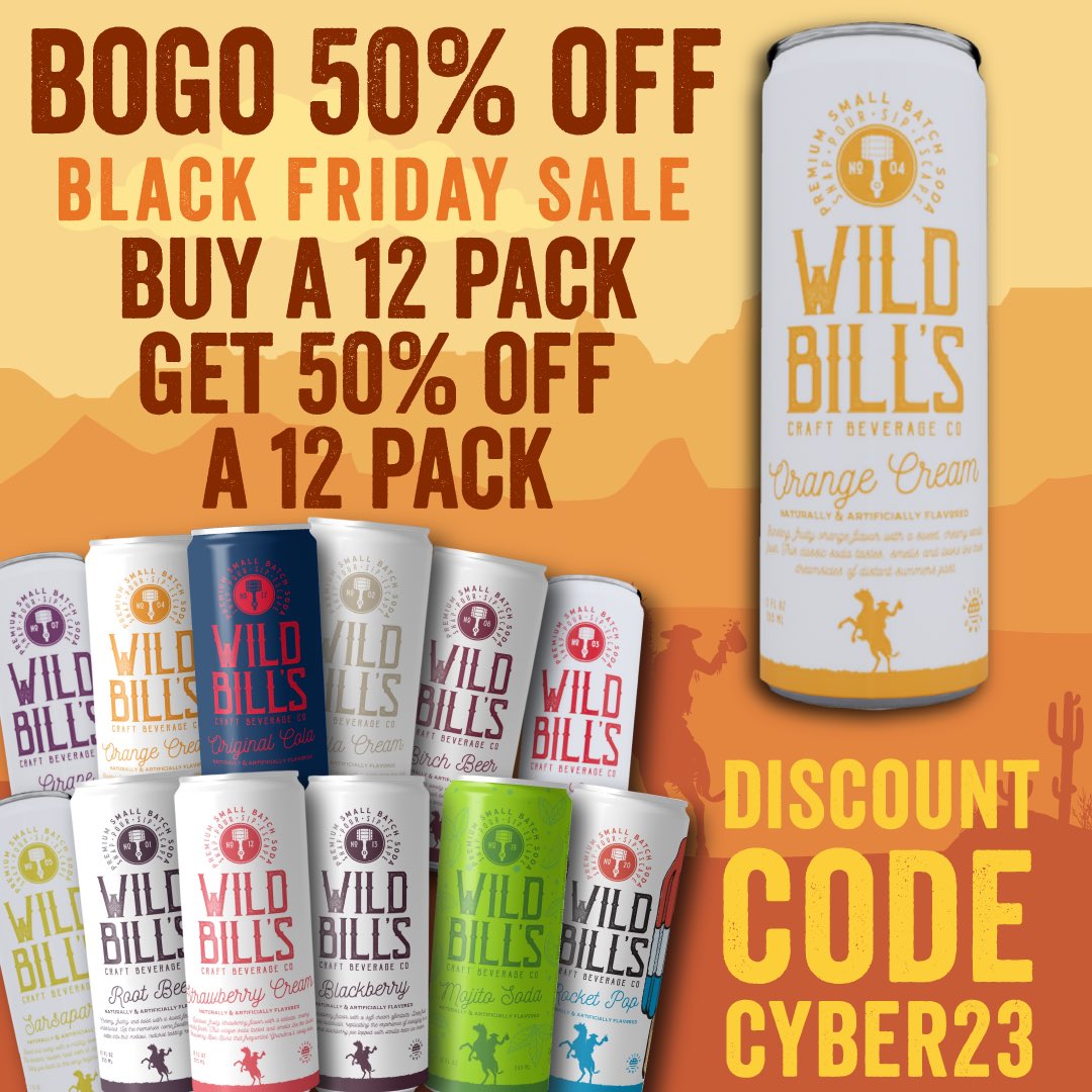 WildBillsSoda's tweet image. Use code CYBER23 to save on 12 packs!
Its time to STOCK UP!🤠🖤
#BlackFriday #CyberWeekend #WildBillsSoda