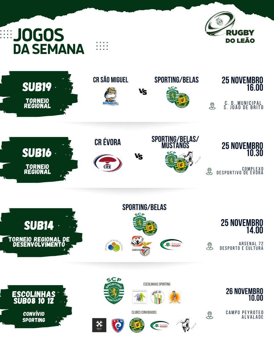 RugbydoLeao's tweet photo. Sem programa para o fim-de-semana?
Vem apoiar as nossas equipas de formação!!
#Sporting #SCP #RugbySCP #SCPRugby #SportingModalidades #DiadeSporting #SportingClubedePortugal #ondevaiumvaotodos #JogaRugby #PortugalRugby #Rugby4Life #RugbyParaTodos #lobinhosalobos https://t.co/y9NU8C6ziX