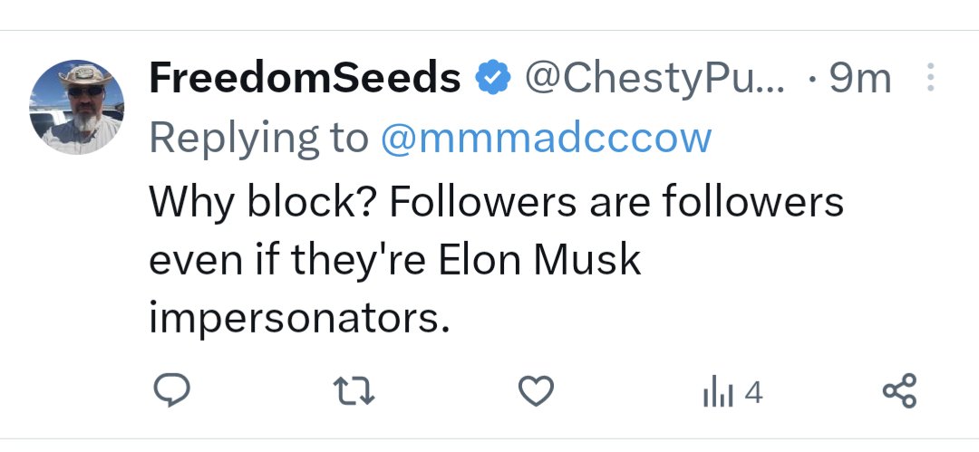 mmmadcccow's tweet image. Oh no my Dear Chesty. I'm not here for followers. I'm not here to make money. I'm not here for number of "impressions". I'm here to interact and socialize with people who share similar interests. 

That was a very satisfying blue check to block. 😊 #subtweet 😂