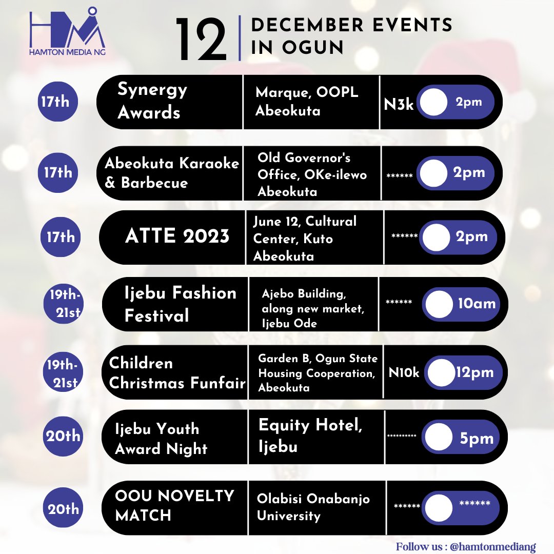 Are you ready to DETTY your DECEMBER?

DECEMBER EVENTS in Ogun State !!!

Follow @HamtonMediaNG_ for more

RT 

#HamtonMediaNG  #EventPR