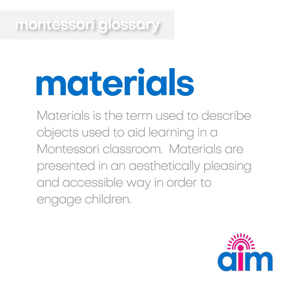 What are #Montessori ‘Materials’?

Montessori ‘Materials’ are beautiful, inviting, and accessible learning aids. 

The aim of #MontessoriMaterials is to engage children and invite them to work and learn.

#EarlyYearsEducator #EarlyChildhoodEducation #EarlyLearningMatters