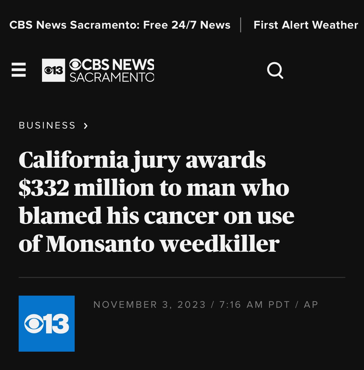 Konesjk's tweet photo. A California court awarded $332 million (~Ksh 5 billion) to a man, Mike Dennis, who sued chemical giant Monsanto Co. that his cancer was related to decades of using Roundup weedkiller (glyphosate).He was diagnosed in 2020 with a rare form of non-Hodgkin's lymphoma. #BanRoundup https://t.co/qeacNOP2rA