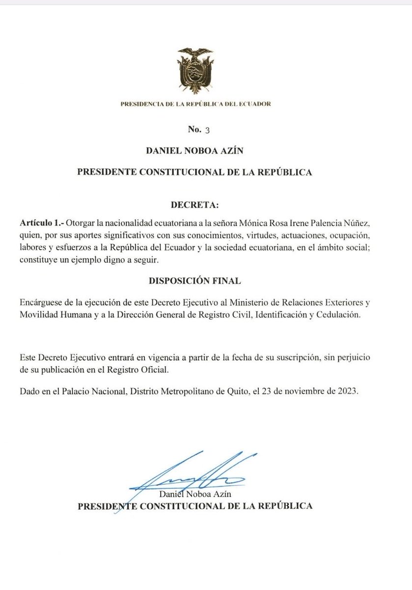 Pocas horas antes de su designación como ministra de Gobierno, la abogada mexicana Mónica Palencia fue nacionalizada ecuatoriana. El trámite se inició tres días antes, el 20 de noviembre.
<a href="/revistaPlanV/">Plan V</a> <a href="/pichondedino/">Juan Carlos Calderón</a> <a href="/mnovikd/">Manuel Novik</a>