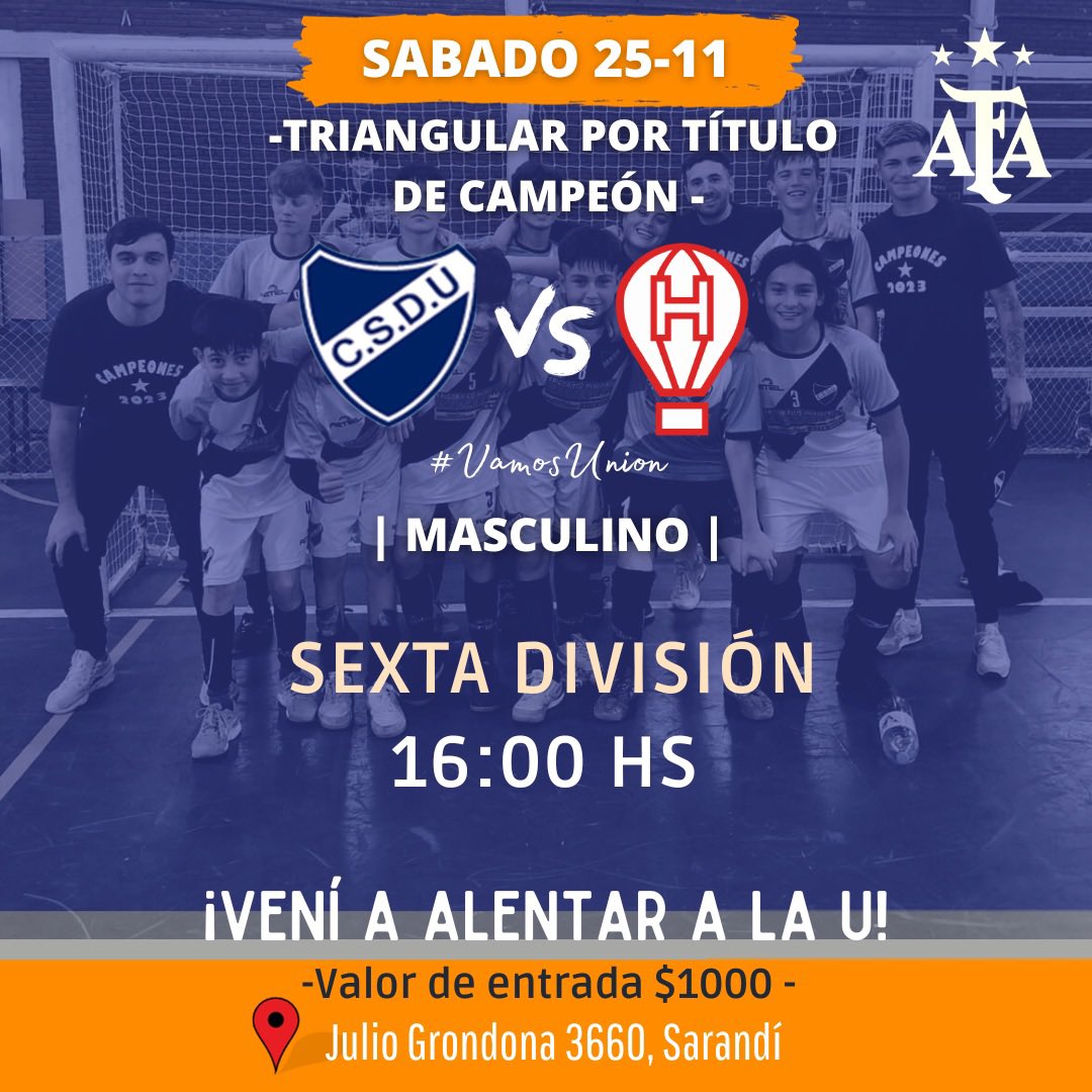⚽️ ¡Mañana juegan los pibes ! 😎

👉 La Sexta División División enfrentará a Huracán por el Triangular por el título de campeón 💙 

🏟️ Arsenal 

¡Vení a alentar a la “U”!