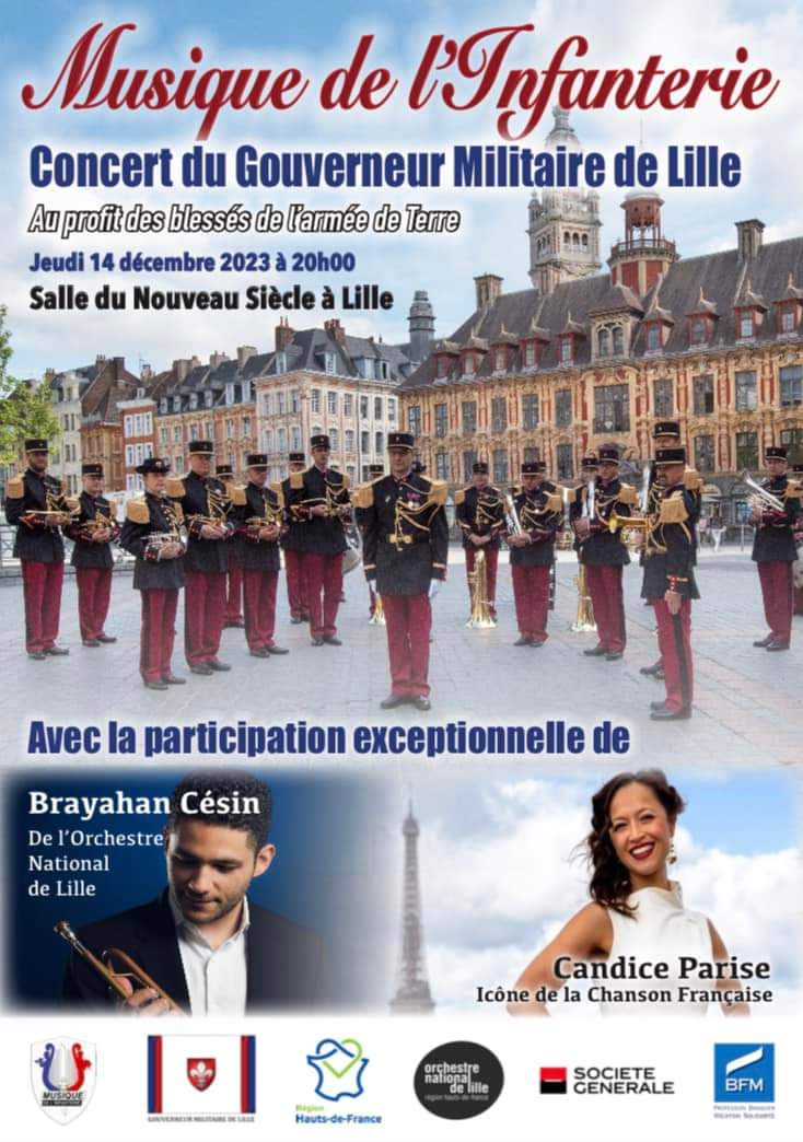 <a href="/lillefrance/">Ville de Lille</a>  - Concert du Gouverneur Militaire de Lille <a href="/ArmeeszoneNord/">Armées zone nord</a> avec la <a href="/DeInfanterie/">Musique.de.l.Infanterie</a>  jeudi 14 décembre à 20h00 
Auditorium du NOUVEAU SIÈCLE .Libre de participation, au profit des blessés @armeedeterre 
<a href="/CandiceParise/">Candice PARISE</a>  <a href="/hautsdefrance/">Région Hauts-de-France</a> <a href="/SocieteGenerale/">Societe Generale Group</a> #ONL #BFM