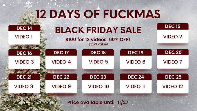 This is the first chance to purchase my 12 Days of Fuckmas video bundle. Available on Jerkmate, Manyvids<a href="/tag/mvsales"class="tags"><span>#mvsales</span></a>
