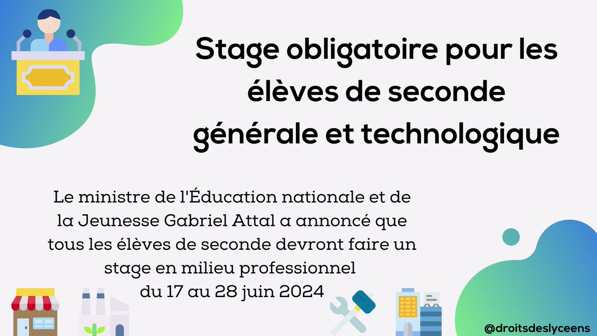Le ministre de <a href="/education_gouv/">Ministère Éducation nationale</a>  <a href="/GabrielAttal/">Gabriel Attal</a>  a annoncé que tous les élèves de seconde devront faire un stage en milieu professionnel  du 17 au 28 juin 2024
#stageseconde #stage #lycee