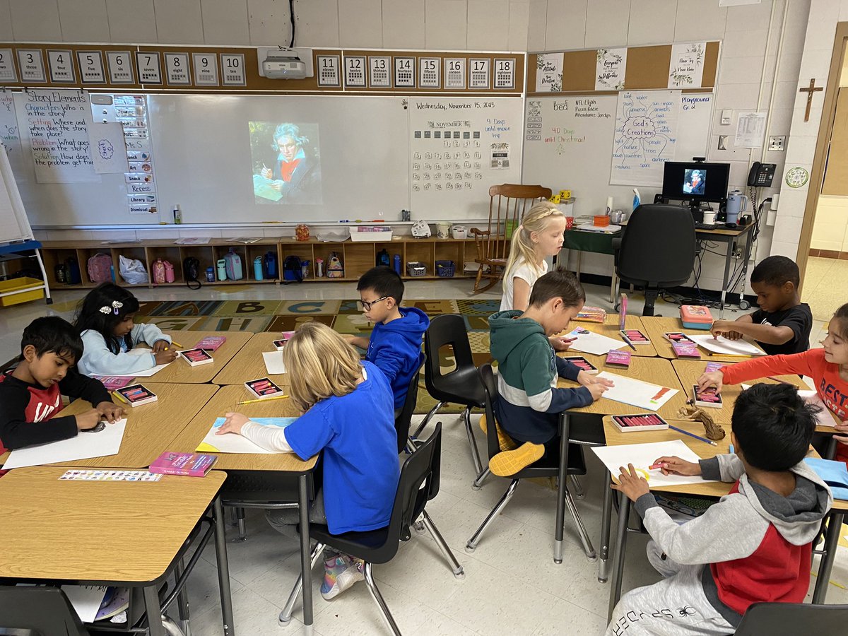 BrookeStroeder's tweet photo. Bringing our imagination to life! In grade 1/2 we listened to Beethoven and closed our eyes and imagined being in a place all alone. Then, we brought this place to life using pastels. https://t.co/kDhjvzyOrP