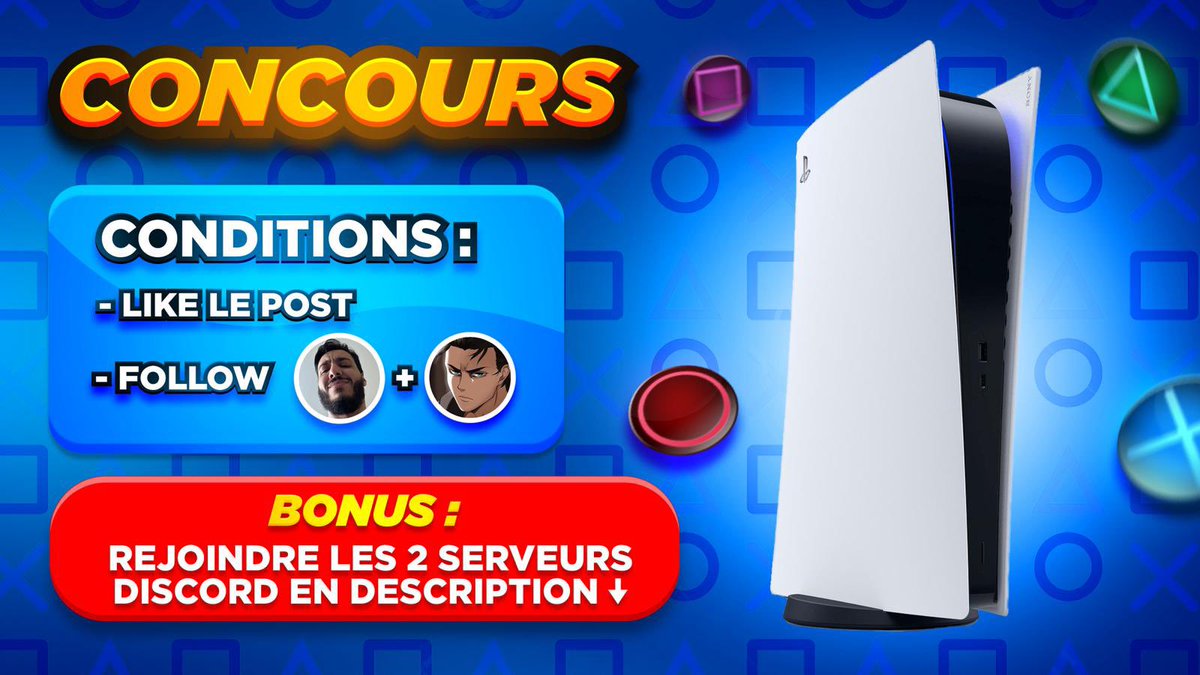 YassineTwts's tweet photo. 🚨 CONCOURS 🚨

Comme annoncé, une ptite Playstation 5 pour vous régaler la team !

Pour participer ⬇️

- ❤️ Fav
- ✅ Follow @YassineTwts &amp; @AdemoSama_ 

TAS DANS 10 JOURS ⌛️ 
Bonne chance à tous 🙏❤️ https://t.co/hxtcx720TN