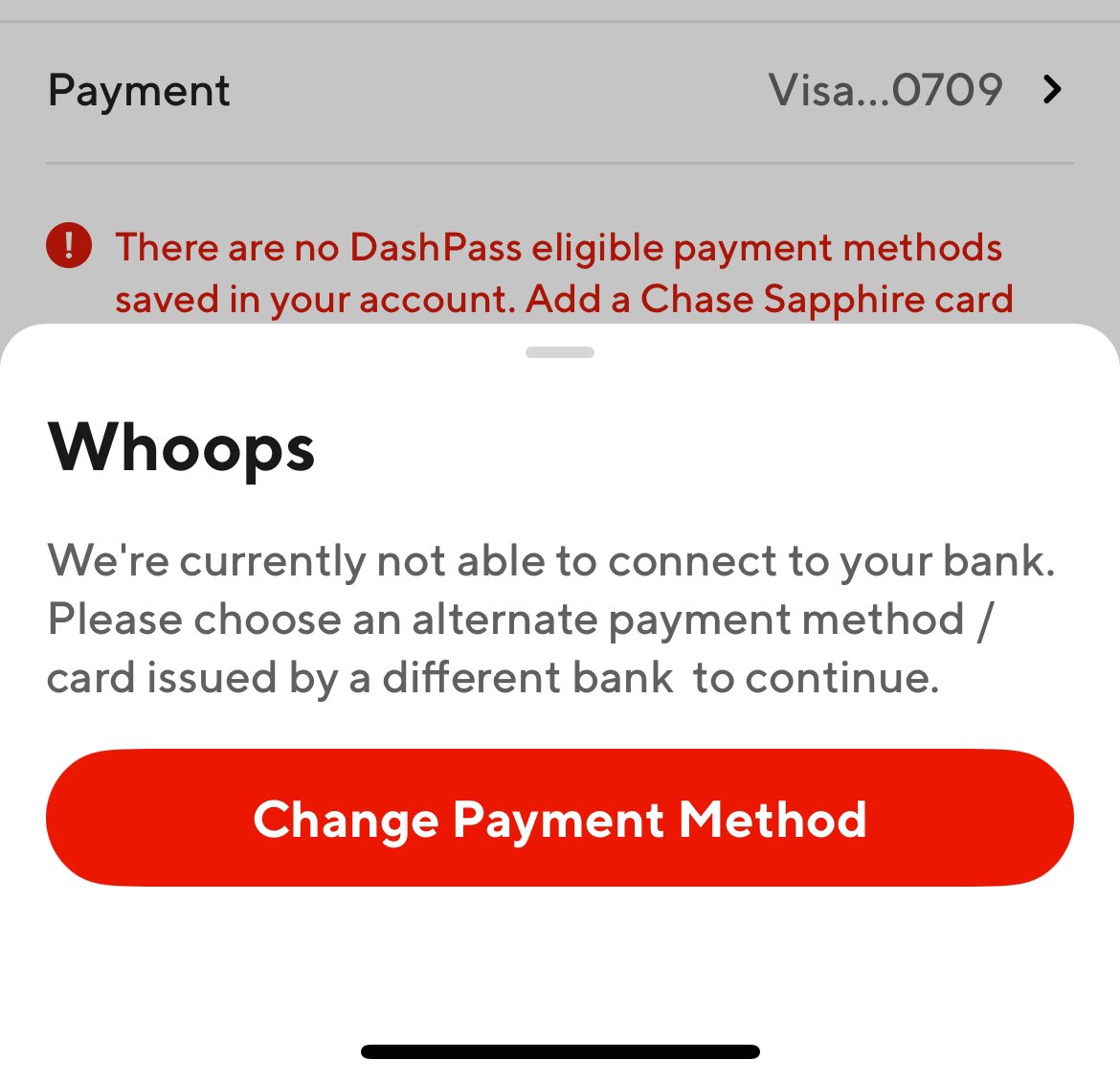 davidzemon's tweet photo. @DoorDash_Help is there a known outage with not being able to connect to the bank? The card I normally use for DashPass orders is listed as “Currently Unavaialble” and I am getting this error message. https://t.co/bGOv8mtxsS