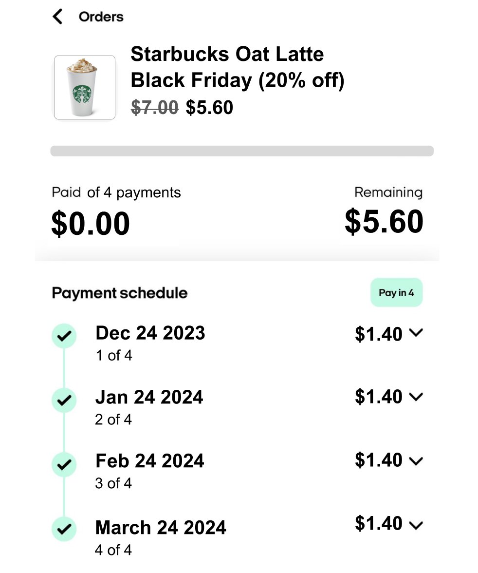 Decided I'd take advantage of Black Friday and get 20% off my latte while financing it for the next 4 months with 0% interest

I love capitalism