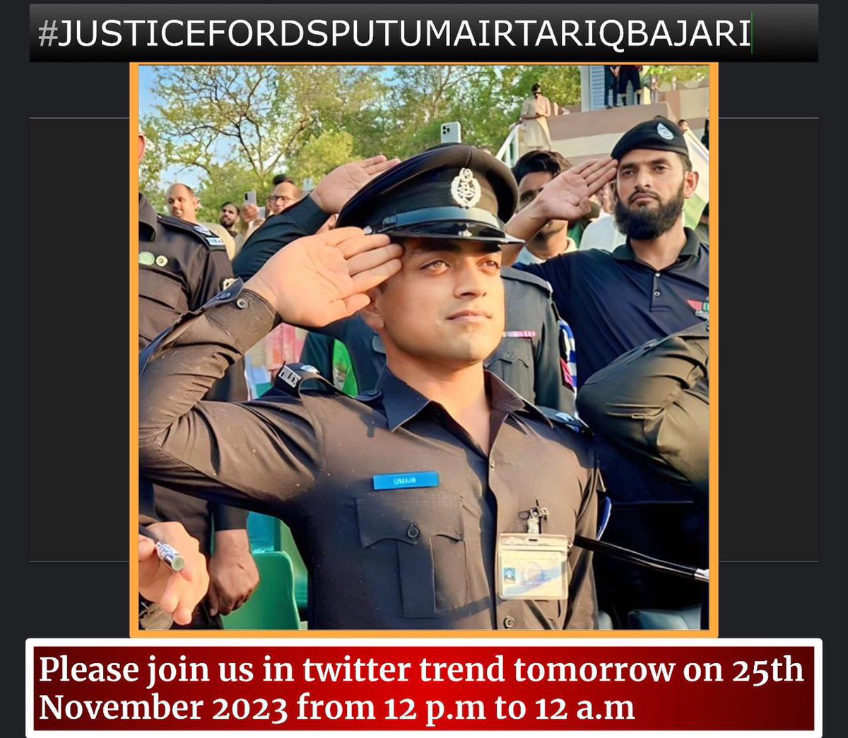 As the courageous DSP (UT) Umair Bajari's cousin, I'm Aliza Saleem Bajari. I want to talk about and clarify a recent incident today.
I want to make it very obvious that, based on the evidence, DSP Umair Tariq Bajari was not present during the raid of Orangi, hideaway was being