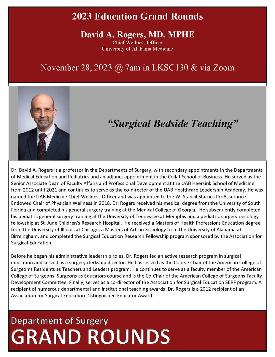 Join us TUESDAY (11/28) at 7AM for #SurgEd Grand Rounds featuring @UABSurgery's David A. Rogers, MD, MPHE: “Surgical Bedside Teaching”