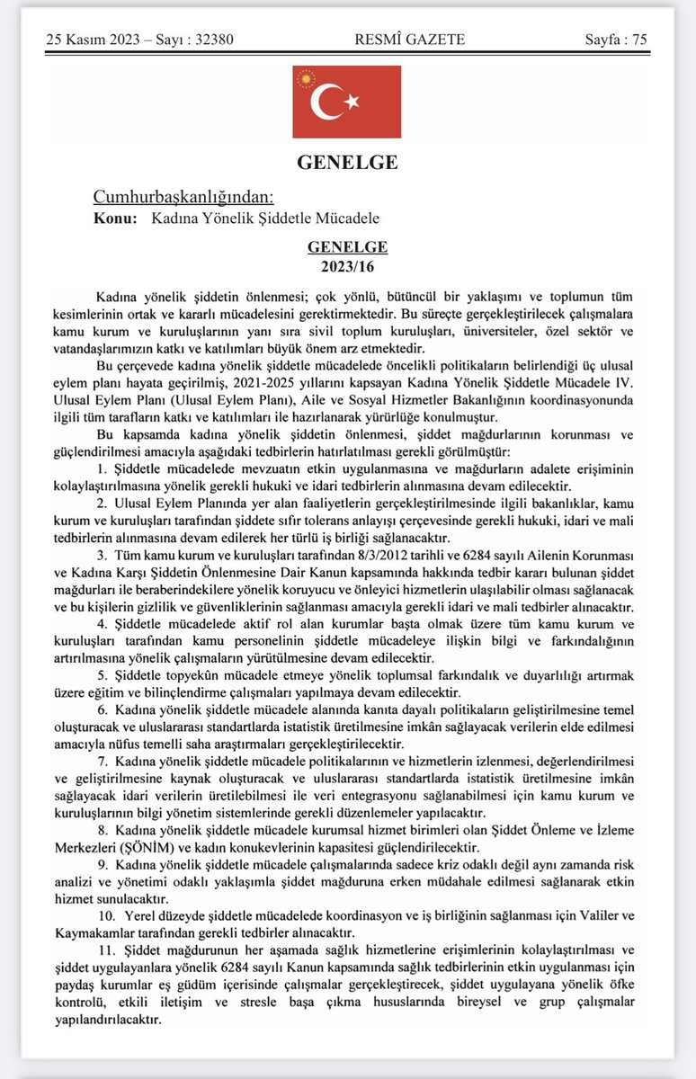MahinurOzdemir's tweet photo. Kadına Yönelik Şiddetle Mücadele Genelgesi Cumhurbaşkanımız Sn. @RTErdogan’ın imzasıyla Resmî Gazete’de yayımlanarak yürürlüğe girdi. 

Şiddete karşı sıfır tolerans ilkesini merkeze alan ulusal eylem planımızla birlikte şiddetin her türlüsüyle mücadele etmeye ve kapsayıcı çözüm önerileri geliştirmeye devam edeceğiz.

Hayırlı olsun.