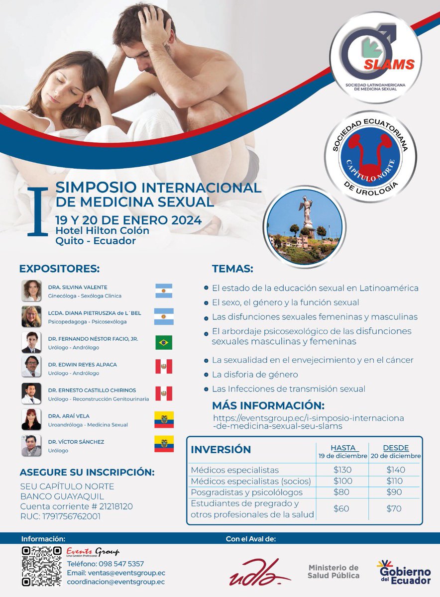 Nos complace invitar al primer Simposio Internacional de Medicina Sexual, organizado por la Sociedad Ecuatoriana de Urología. Capítulo Norte (SEUCN) y la Sociedad Latinoamericana de Medicina Sexual (SLAMS). Este evento es un hito en el manejo de los trastornos de la sexualidad.