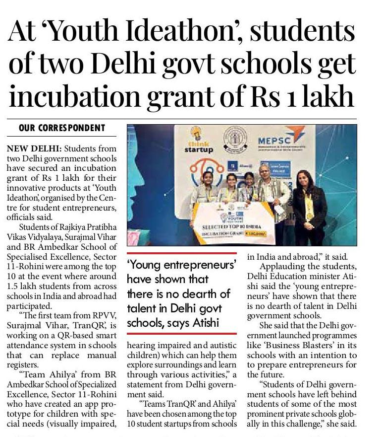 At 'Youth Ideathon', students of two Delhi govt schools get incubation grant of Rs 1 lakh

'Young entrepreneurs' have shown that there is no dearth of talent in Delhi govt schools, says Atishi

Students of Delhi government schools have left behind students of some of the most