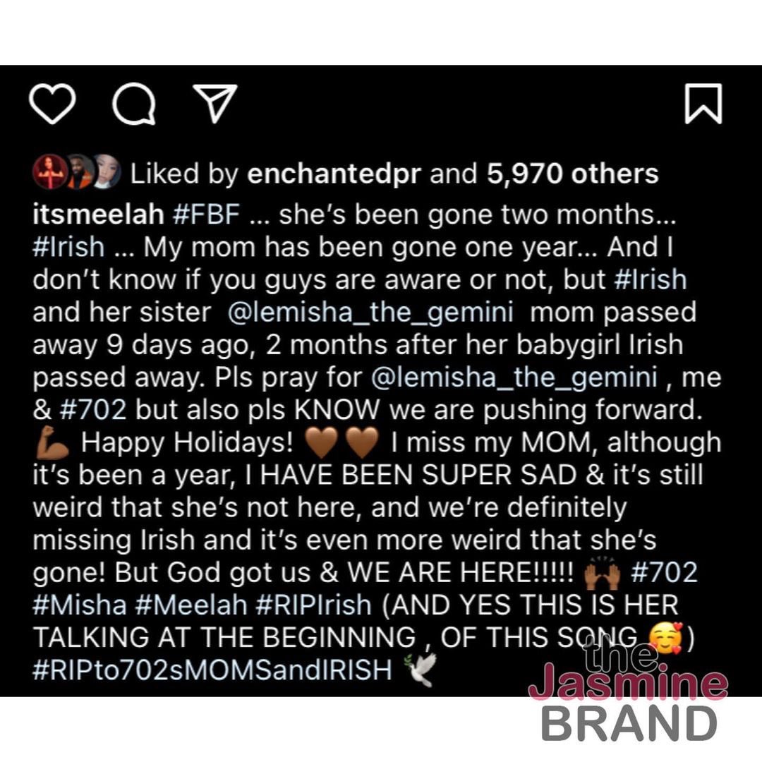 thejasminebrand's tweet photo. 702 singer Meelah Williams told fans that group mate LeMisha Grinstead lost her mother just two months after her sister, Irish, passed away. Irish died on September 16th, while Theresa perished on November 15th. 
Sending prayers to LeMisha during this difficult time🕊️🙏🏽 https://t.co/e2VUdpvM5n