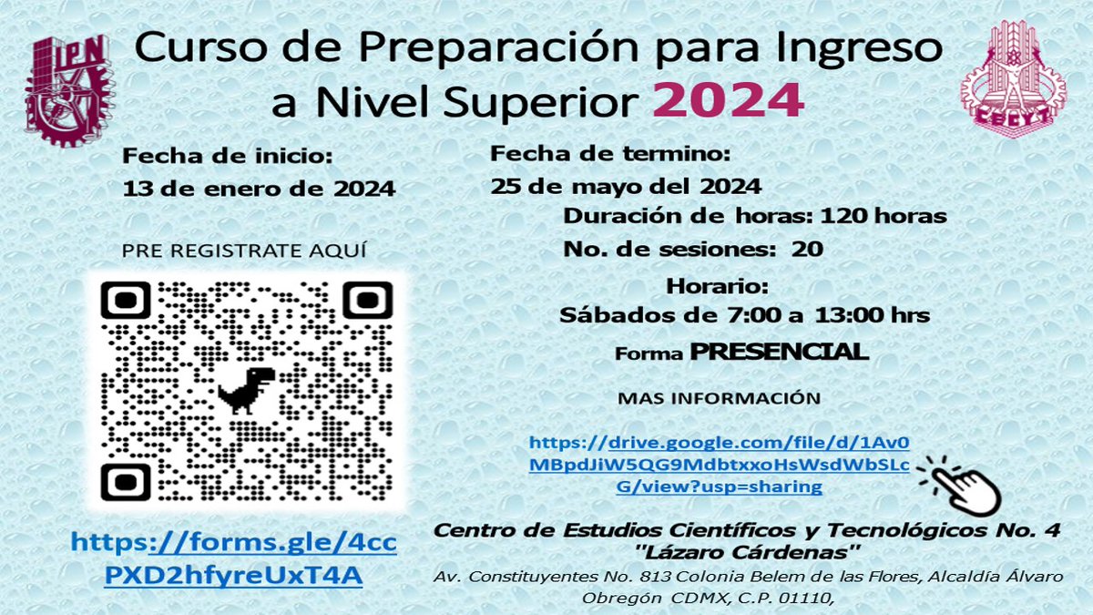 ¿Estas por terminar el nivel medio superior? ¿Buscas la mejor preparación para tu examen?  📷📷📷
Realiza tu Pre Registro en el siguiente enlace:
docs.google.com/.../1FAIpQLSe0…
Y obtén mayores informes del curso en:
drive.google.com/.../1Av0MBpdJi…