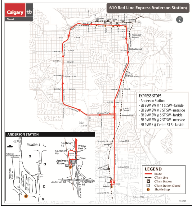 calgarytransit's tweet photo. Heads up #CTRiders! Starting tonight Nov 24-Dec 3, the #RedLine is closed btwn City Hall &amp; Chinook to complete work at Vic-Park/Stampede. Please give yourself extra time for travel! Plan ahead at https://t.co/PnamXSWM3S and follow for #SwitchTips. @yyctransport @calgaryparking https://t.co/AwqiQDoeve