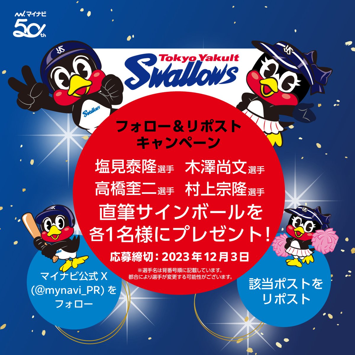 \\11/25(土)本日開催//
#東京ヤクルトスワローズ⚾ファン感謝DAY2023
presented by マイナビ

開催を記念し、以下選手の直筆サインボールを各1⃣名、合計4⃣名様にプレゼント🎁
#塩見泰隆 選手 #木澤尚文 選手
#高橋奎二 選手 #村上宗隆 選手
※選手の指定はできません。

⚾️応募方法