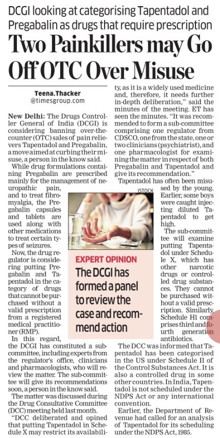Teensthack's tweet image. The Drug Controller General of India (DCGI) is considering banning over-the-counter (OTC) sale of pain relievers #Tapentadol and #Pregabalin, a move aimed at curbing their misuse.

#drugmisuse @CDSCO_INDIA_INF @MoHFW_INDIA