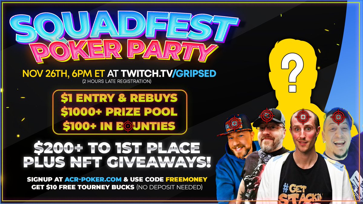 Gripsed's tweet photo. 🃏$1500 @SportsCastSquad  Poker Freeroll!🃏
🗓Nov 26, 6:00 PM ET (2 Hour Late Reg)
💸Plus We're Giving Away $50 @ACR_POKER
🤑Retweet To Enter the Giveaway😎

🏆To Play the Poker Game👇
🥇Signup https://t.co/8uYPxWfQEd
🥈Use Referral code FREEMONEY
🥉Tune in For #Squadfest 🎉🥳💃 https://t.co/4BL1eupPio