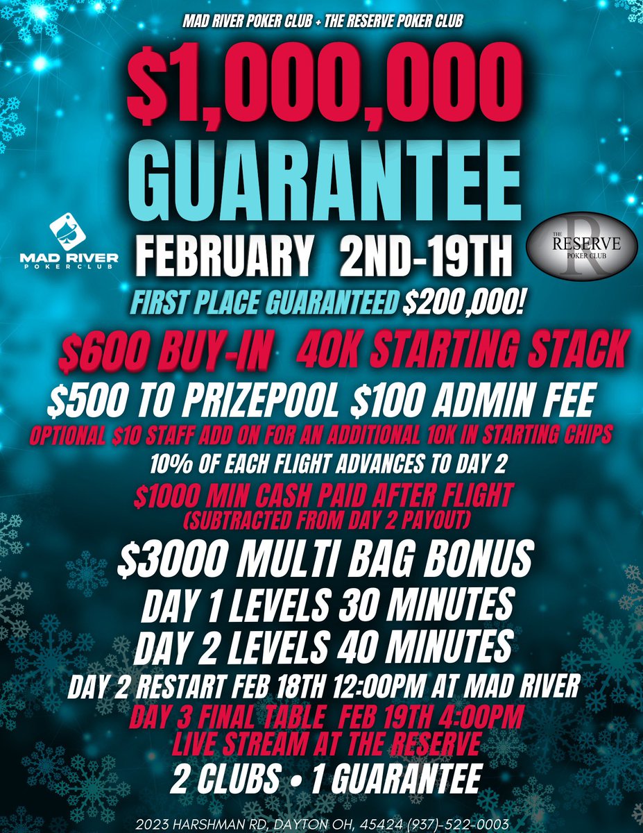 Mad River Poker + The Reserve Poker Club $1,000,000 Dollar Guarantee🏆 Feb 2 - 19 at 12:00pm 💸

Info Below ⬇️ :
1st GTD $200,000 CASH 💸
$600 Buy-In • 40k Starting Stack 
10% Of Each Flight Advances To Day 2️⃣

$1000 Min Cash Paid After Flight • $3k Multi Bag Bonus💰