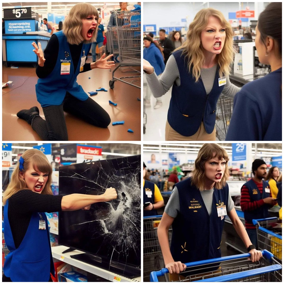 CasuallyGreg's tweet photo. Someone asked AI to create images of Taylor Swift working at Walmart on Black Friday. This is what it came up with. https://t.co/x5A2z2FcHx