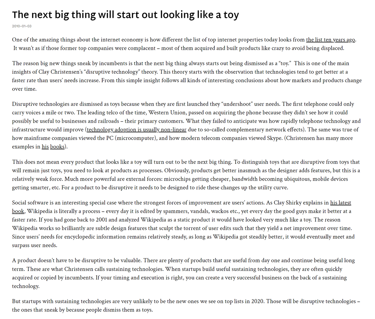 TO's tweet photo. Essential reading for the technology-illiterate Laser Eyes Maxis who don't understand that trading JPEGs is not the end goal of Bitcoin Ordinals

"The next big thing will start out looking like a toy" from Jan. 2010

This is now common knowledge in Silicon Valley