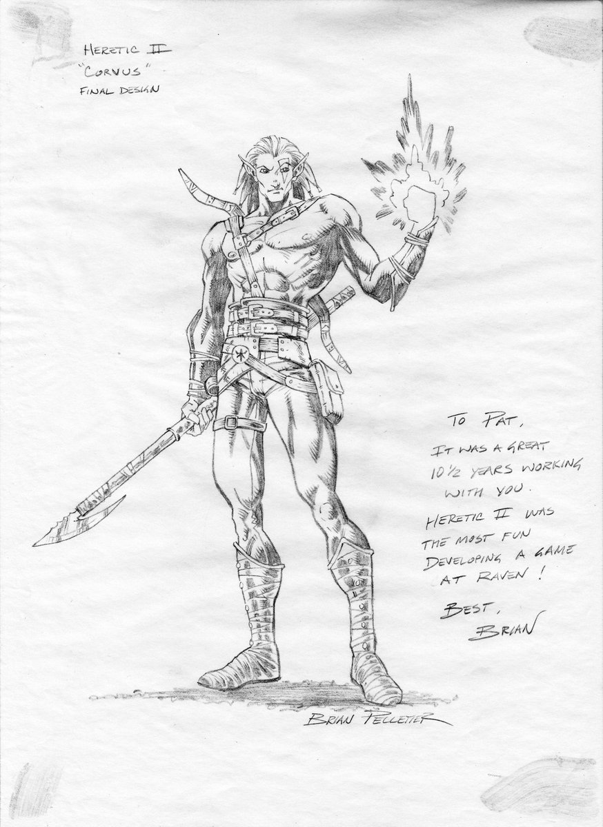 patrick_lipo's tweet photo. @RavenSoftware Heretic II 25th:  My fine compatriot and Project Lead Brian Pelletier gave me this fine original pencil sketch concept of Corvus when I departed @RavenSoftware many years later.  It was a really amazing gift, and means a lot to me. #gamedev    2/4 https://t.co/fFWIJBHZdi