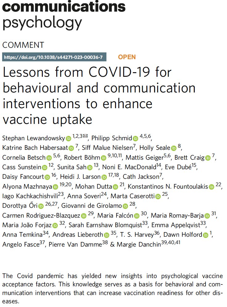 'Lessons from COVID-19 for behavioural and communication interventions to enhance vaccine uptake' led by @STWorg and together with many great colleagues appeared now in @CommsPsychol. You can find it here: nature.com/articles/s4427…