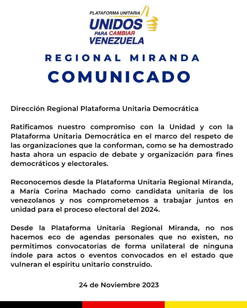 COMUNICADO

Ratificamos nuestro compromiso con la Unidad. 

#Comunicado #PlataformaUnitaria
#Miranda #Unidad