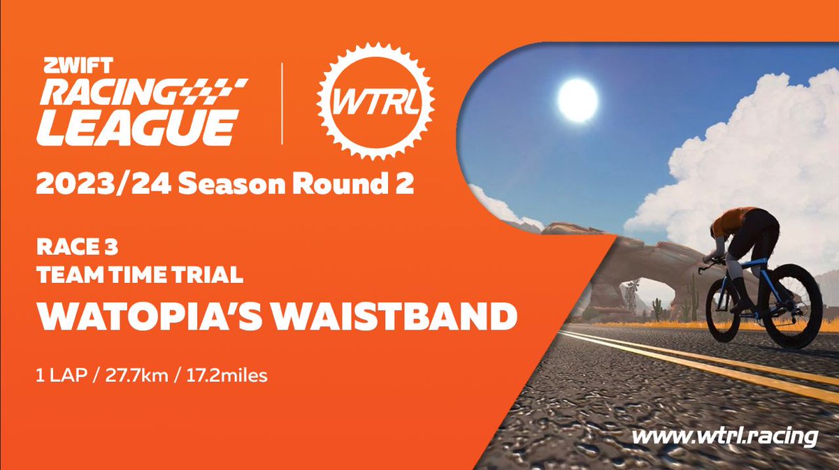 ZRL Round 2 - Race 3 Get ready to test your team's true metal in the first Team Time Trial (of 2) of Round 2. 1 lap/27.7km of Watopia's Waistband route - o Grab your teammates and the highest-powered fan you can find and lets do this!! wtrl.racing/zwift-racing-l…