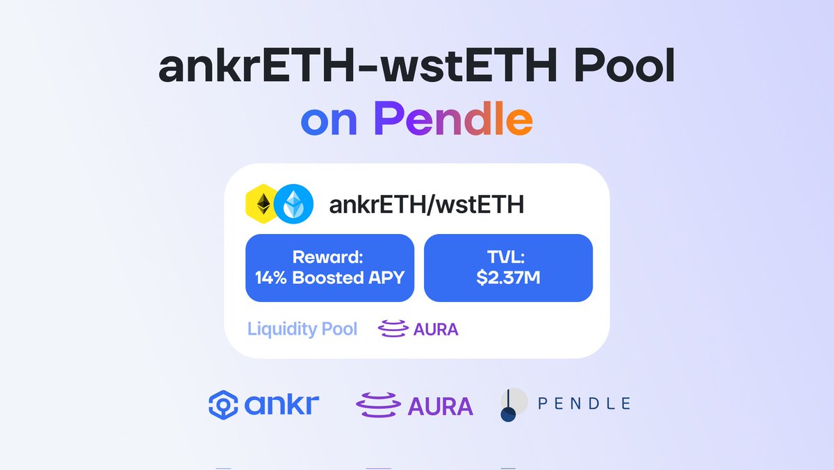 kul_jessella's tweet photo. ⚡Looking to put your $ETH to work?
Get started with two simple steps:
1⃣Get ankrETH by staking your ETH on #ankrstaking
2⃣Zap into our ankrETH/wstETH pool on @pendle_fi and farm your rewards.🌾
Ready to optimize your assets? 👇
🔗https://t.co/wu9lND5tGW
#ANKR #Web3 https://t.co/cAneLMOUzb