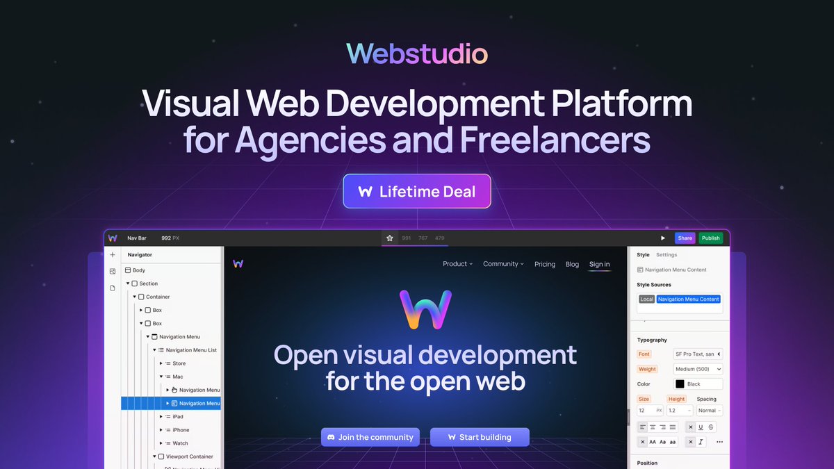 GetLTDs's tweet image. Webstudio - Lifetime deal starting from $69 
Deal Link: go.getlifetimedeals.com/webstudio

The visual design studio that empowers everyday creators and designers with programming superpowers without writing any code

#webstudio #lifetimedeal #lifetimedeals #appsumo #appsumodeals #saas #AI