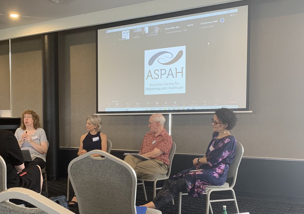 DPPhysioAus's tweet photo. Improvise? When your opening day keynote is unwell then who better than a panel of performing artists who now care for those on and behind the stage! #aspah2023 sharing experience knowledge &amp; passion for our performing artists. https://t.co/HuO0Mvv2Tn