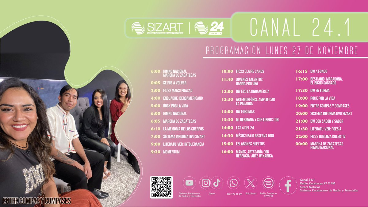 SI_Sizart's tweet photo. 🔎 ¡Conoce la programación de hoy en #Sizart!

📺 Disponible por TV Abierta Canal 24.1
📻 Radio Zacatecas 97.9 FM
📱 https://t.co/3spz9P1s6l https://t.co/ROQdEdvYNS
