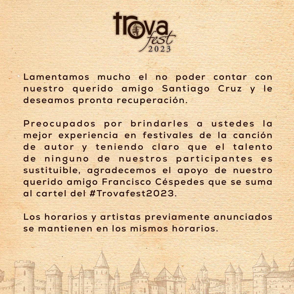 Pronta recuperación querido <a href="/SantiCruz/">Santiago Cruz</a> , te vamos a extrañar pero ya tendremos oportunidad de abrazarnos de nuevo. Te mandamos todo nuestro amor tu familia Trovafest.